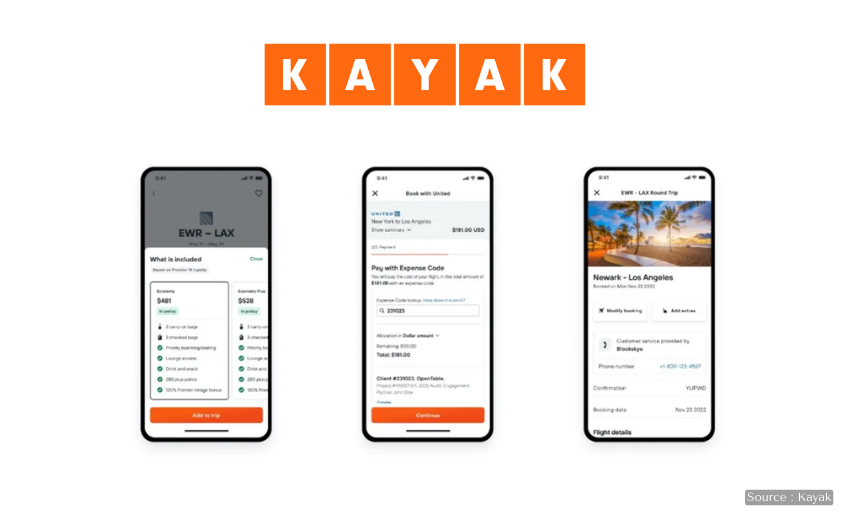 screenshots of kayak travel search engine