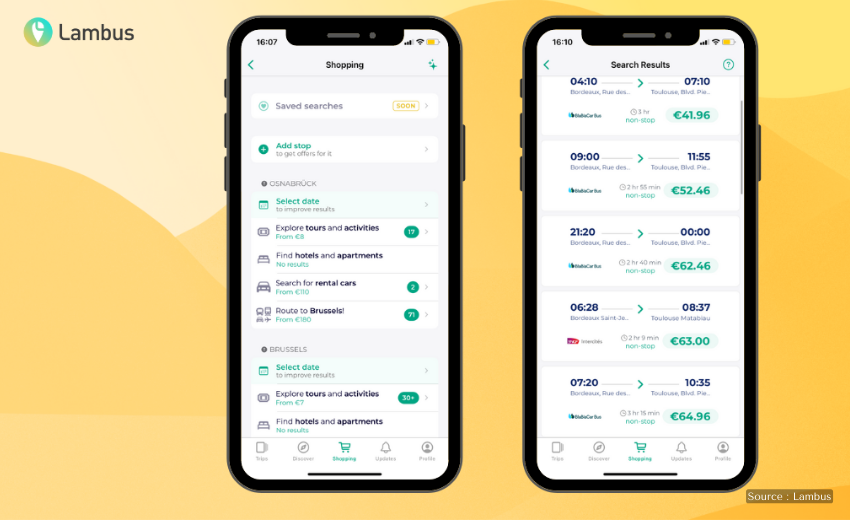 screenshots of Lambus travel planner app