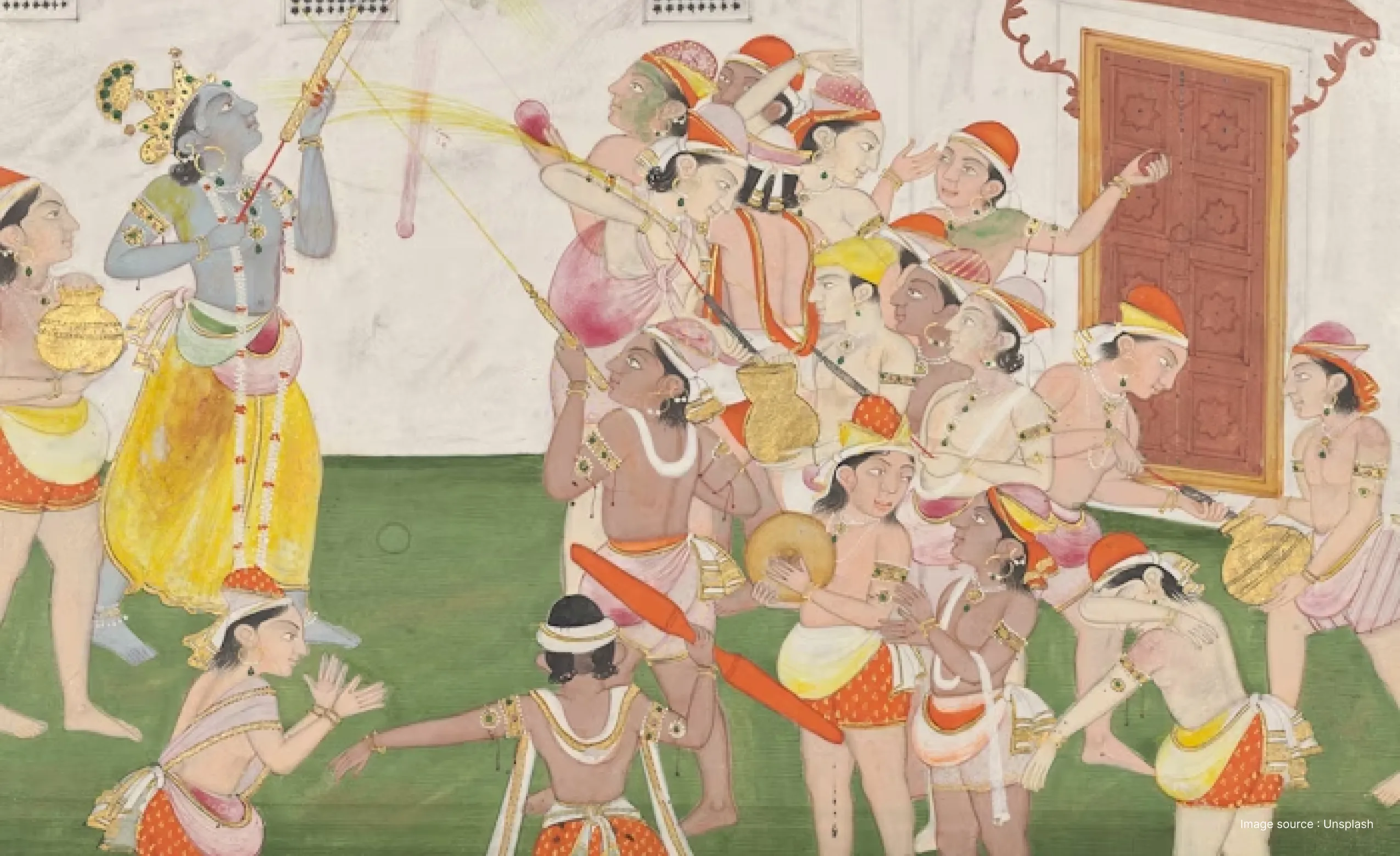 a painting from 1800s depicting lord krishna playing holi with radha and her fellows