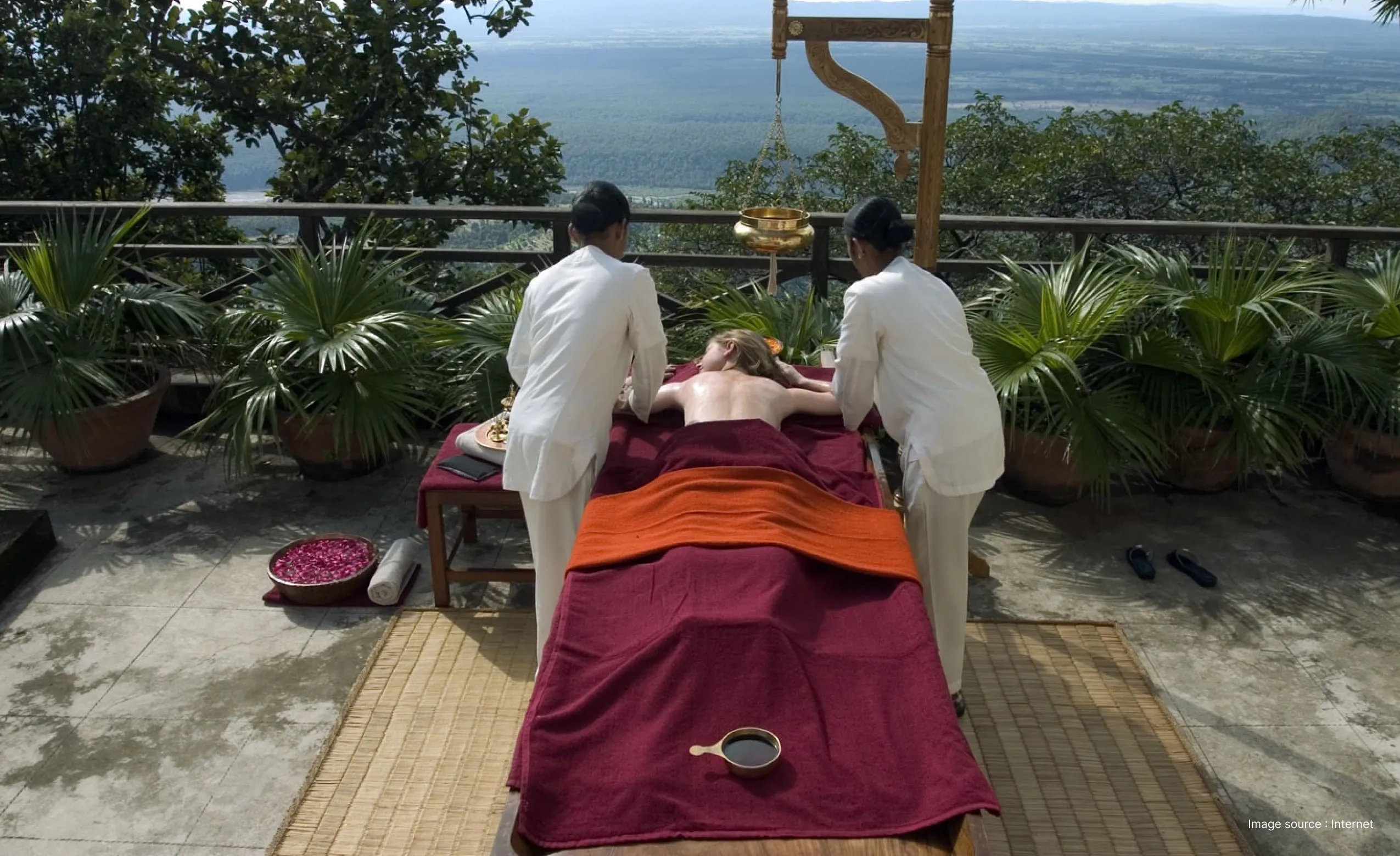 Ayurvedic massage underway with a beautiful hillview