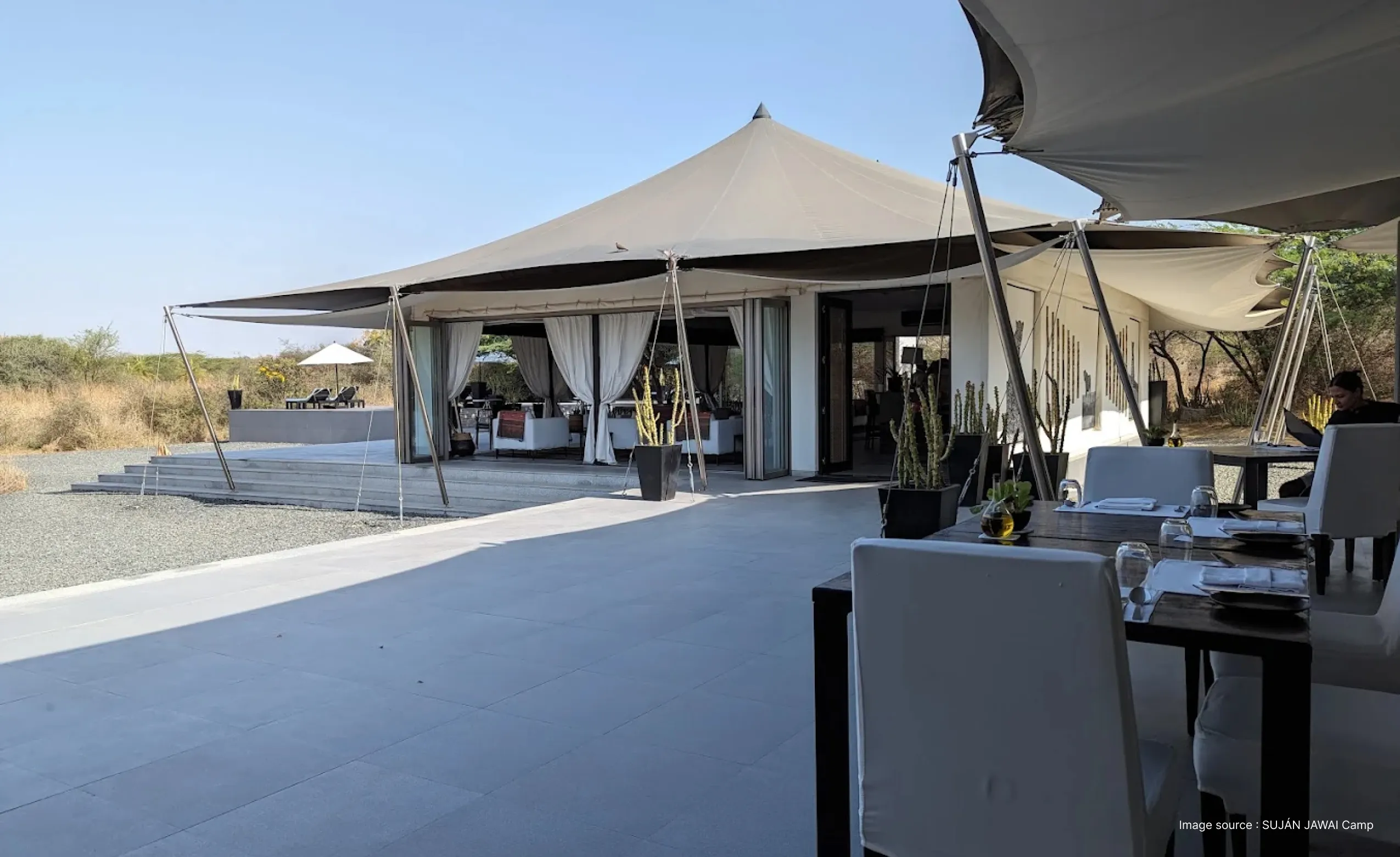 view of a sunny day, tented suite at the SUJAN jawai camp with modern amenities