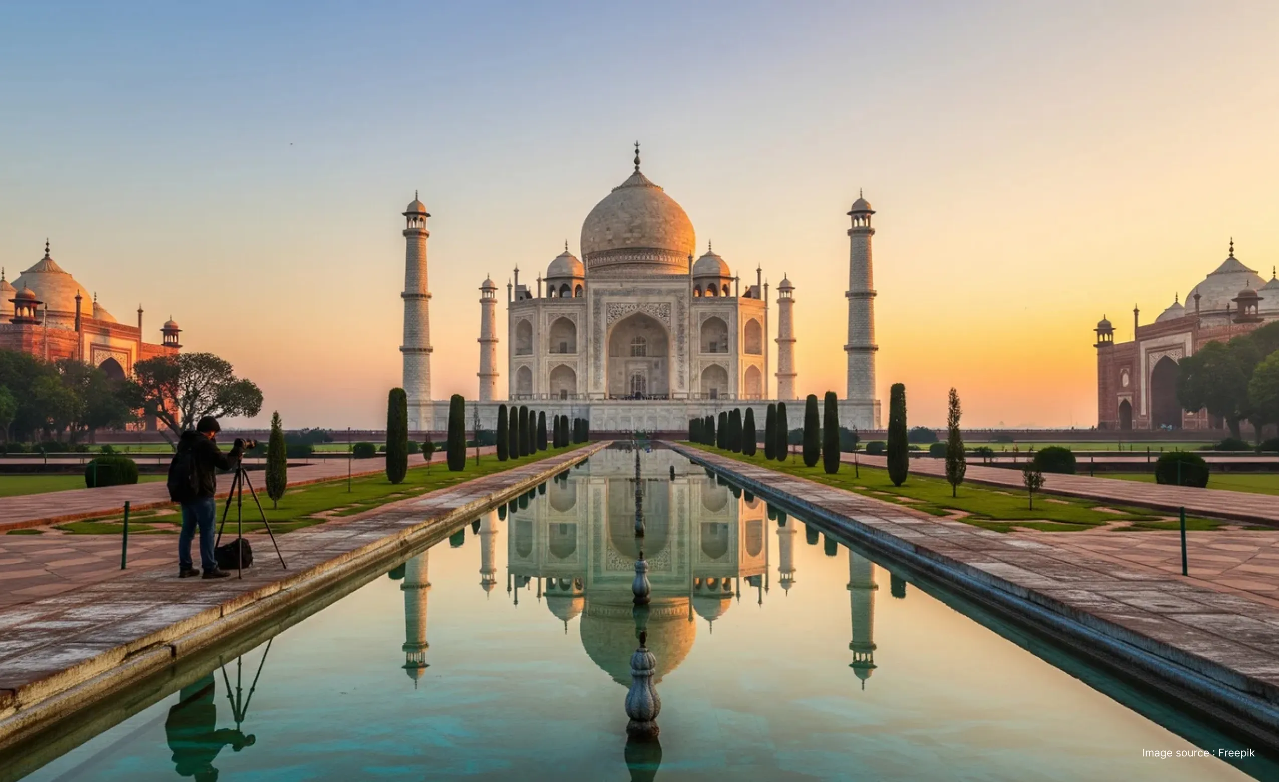 sunrise view of the taj mahal flanked by the red sandstone gates