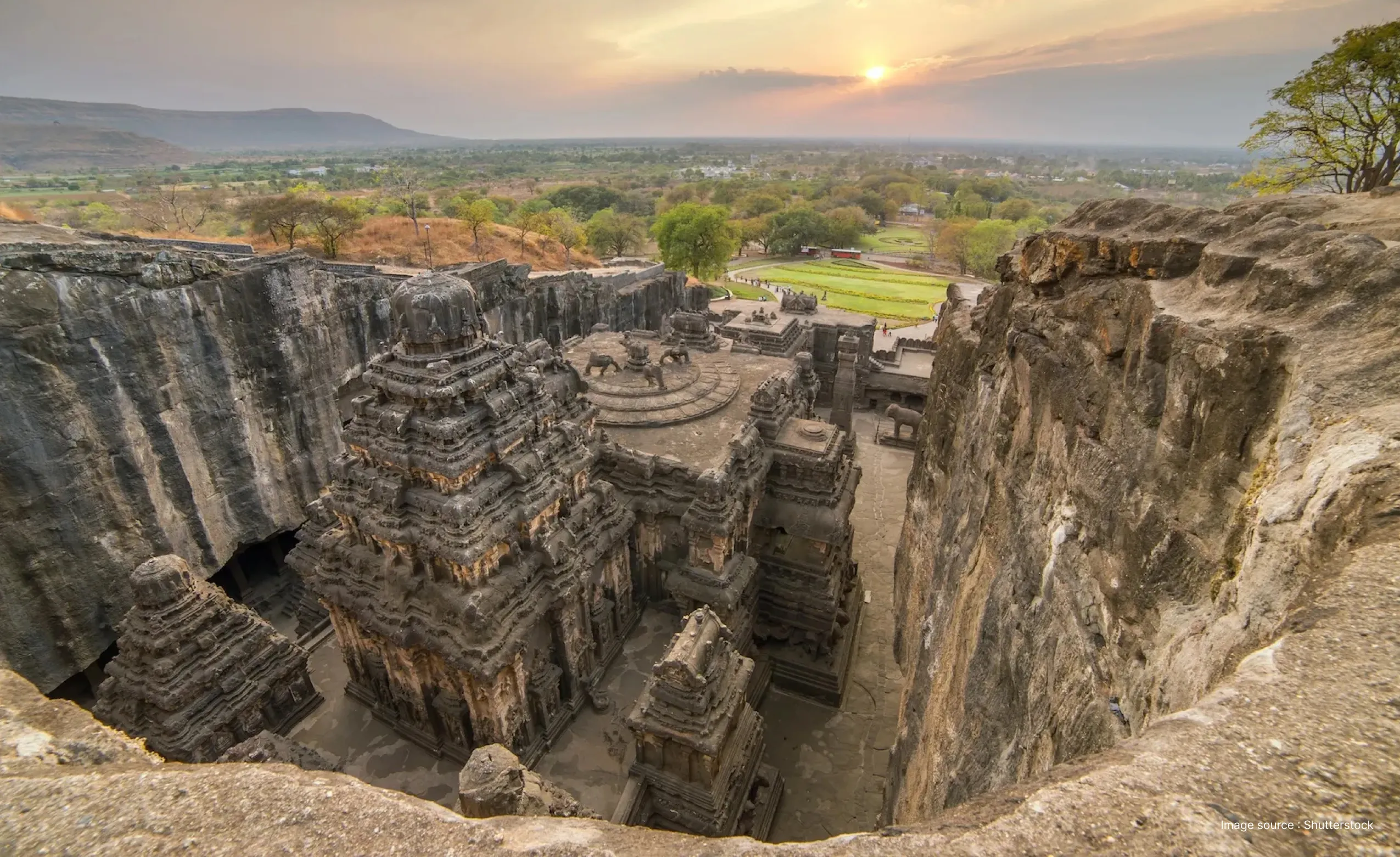 the incredible kailasa rock temple at sunset, carved out of a single massive rock