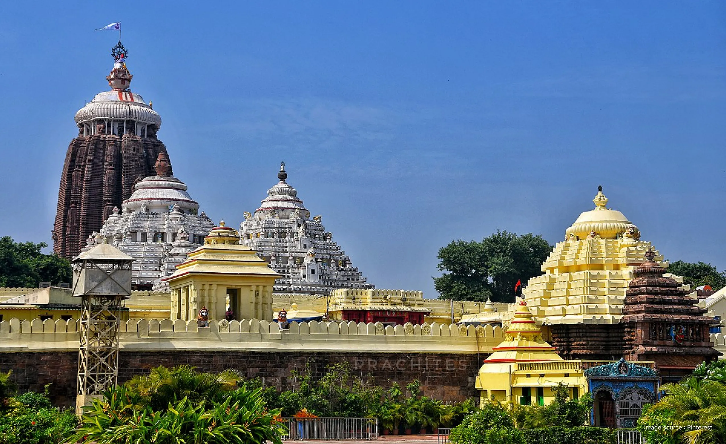 a distant view of all the spires of puri temple complex in daytime