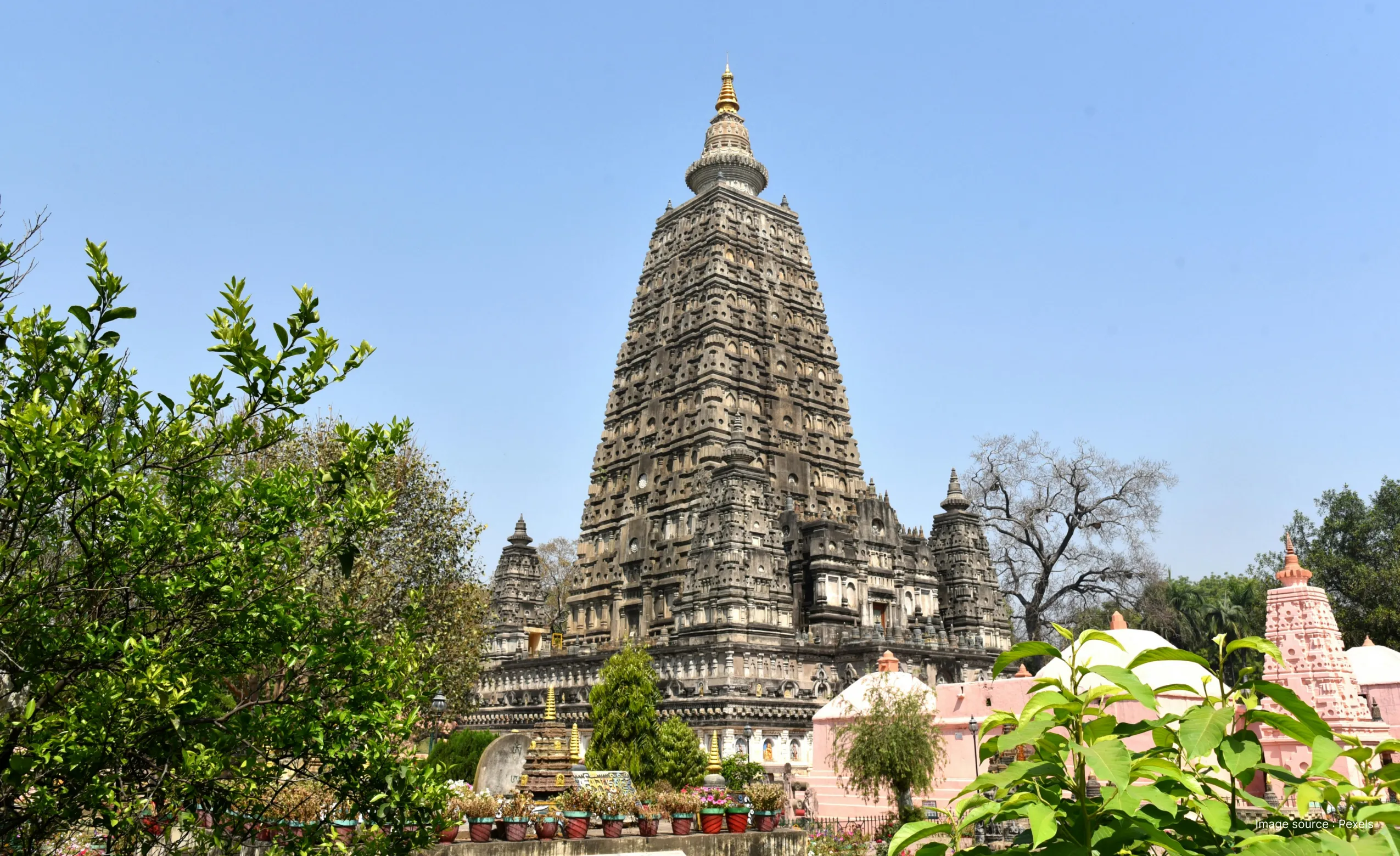 trees in frame in front of the long spire of the mahabodhi temple