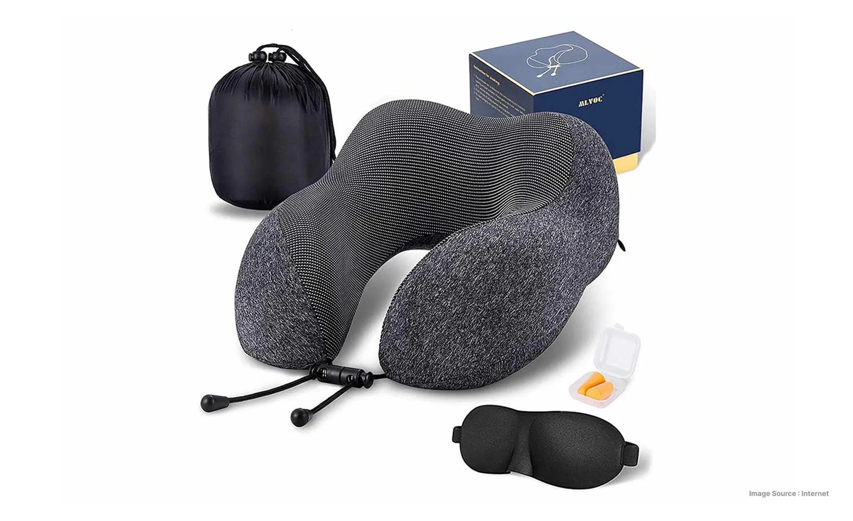 travel comfort items such as a neck pillow on a white background
