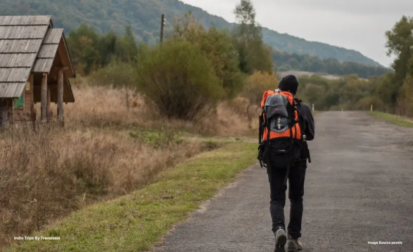 An image of someone trekking down a road on a gray day