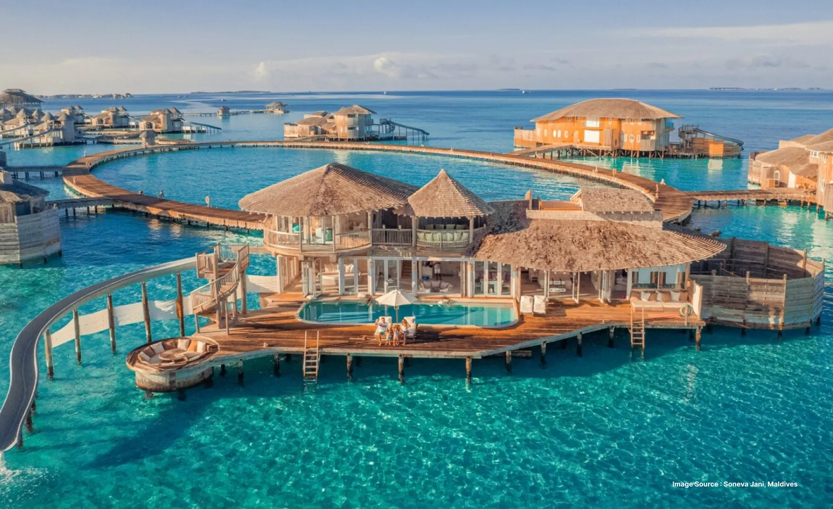 an aerial shot of the enchanting soneva jani resort in maldives, surrounded by the ocean