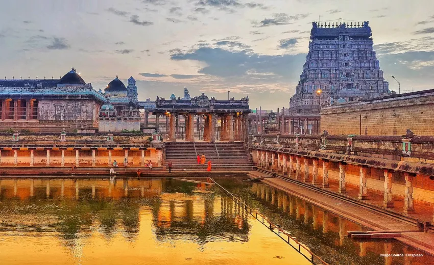 an image of a south indian temple during the evening