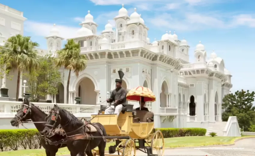 a horse carriage waiting outside the taj falaknuma palace entrance