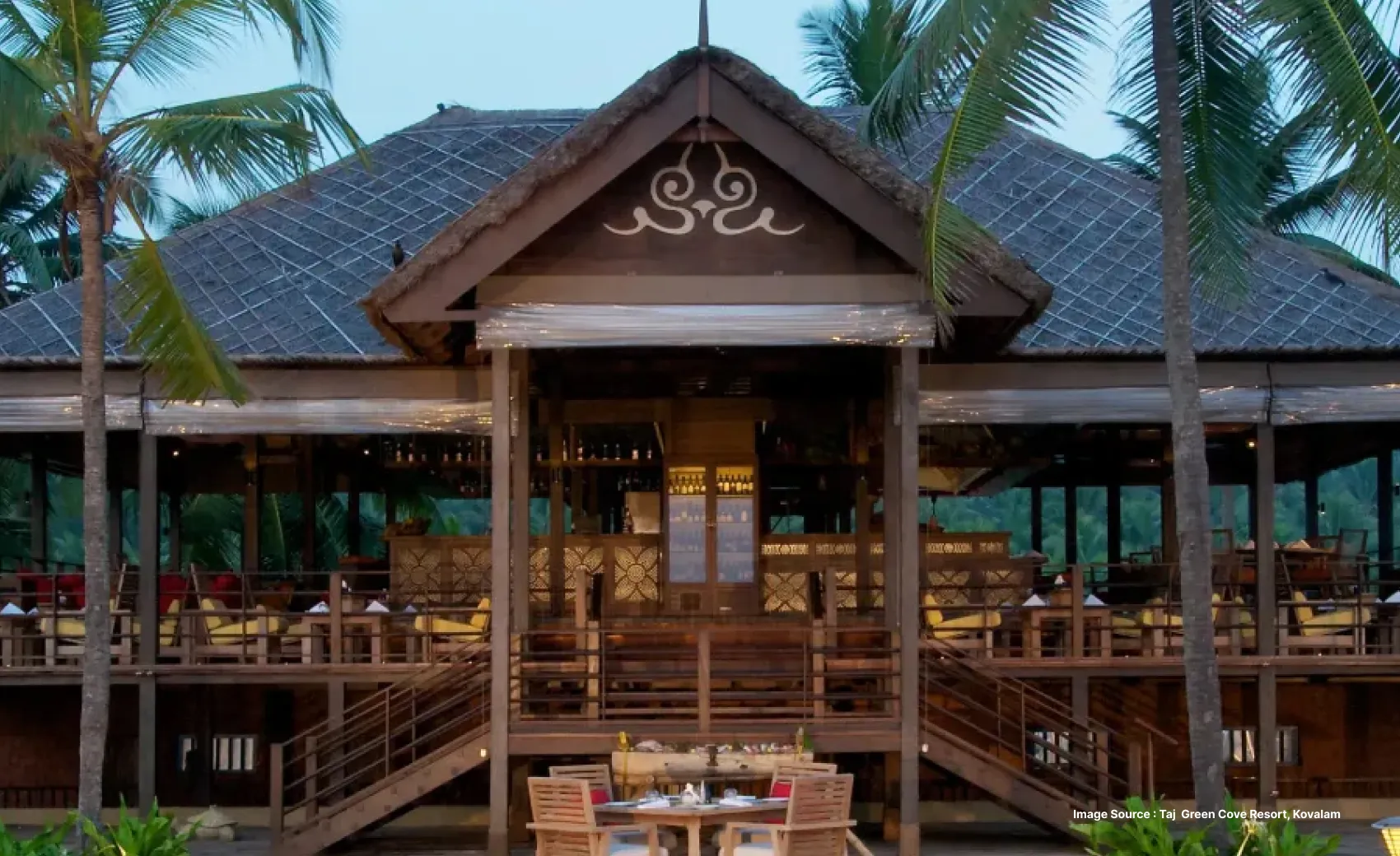 a traditional villa style shelter at the Taj Green Cove Resort in South India