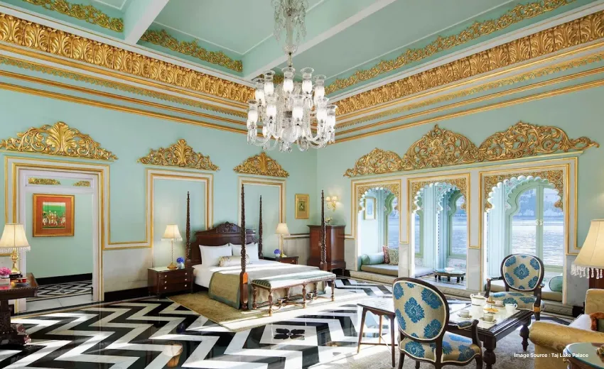 Opulent palace suite adorned with regal decor and chandeliers