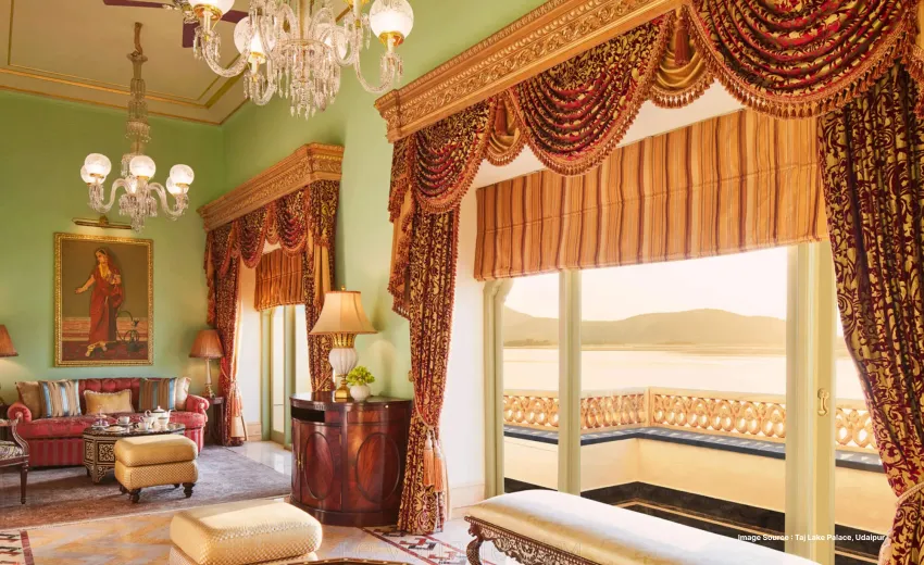 lake view room of taj lake palace with royal interiors