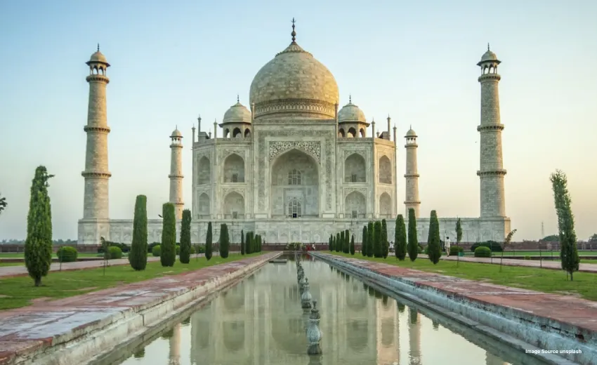 Iconic view of the Taj Mahal and its reflecting pool