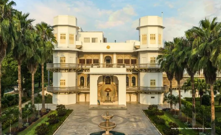 front view of the white architecture usha kiran palace
