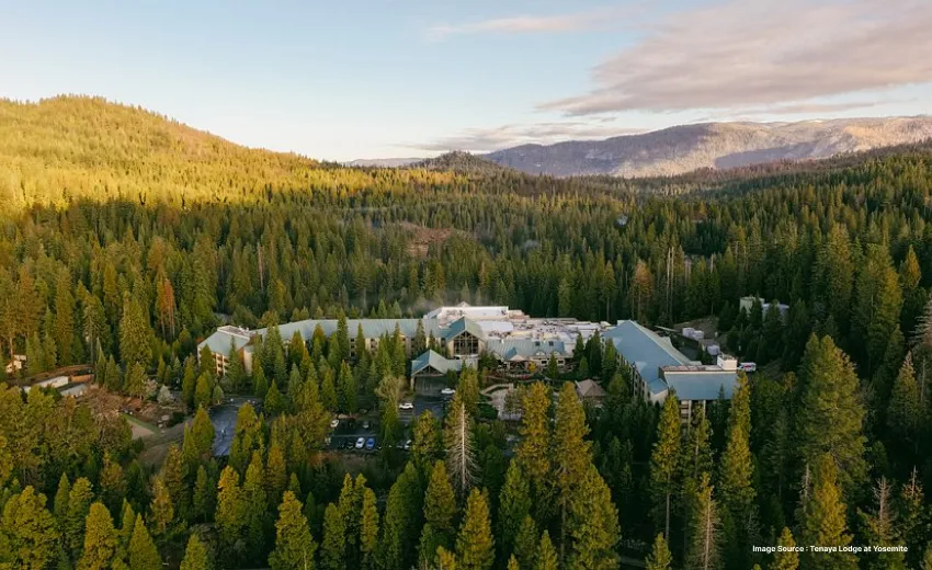 aerial shot of the luxurious tenaya lodge amongst dense pine trees
