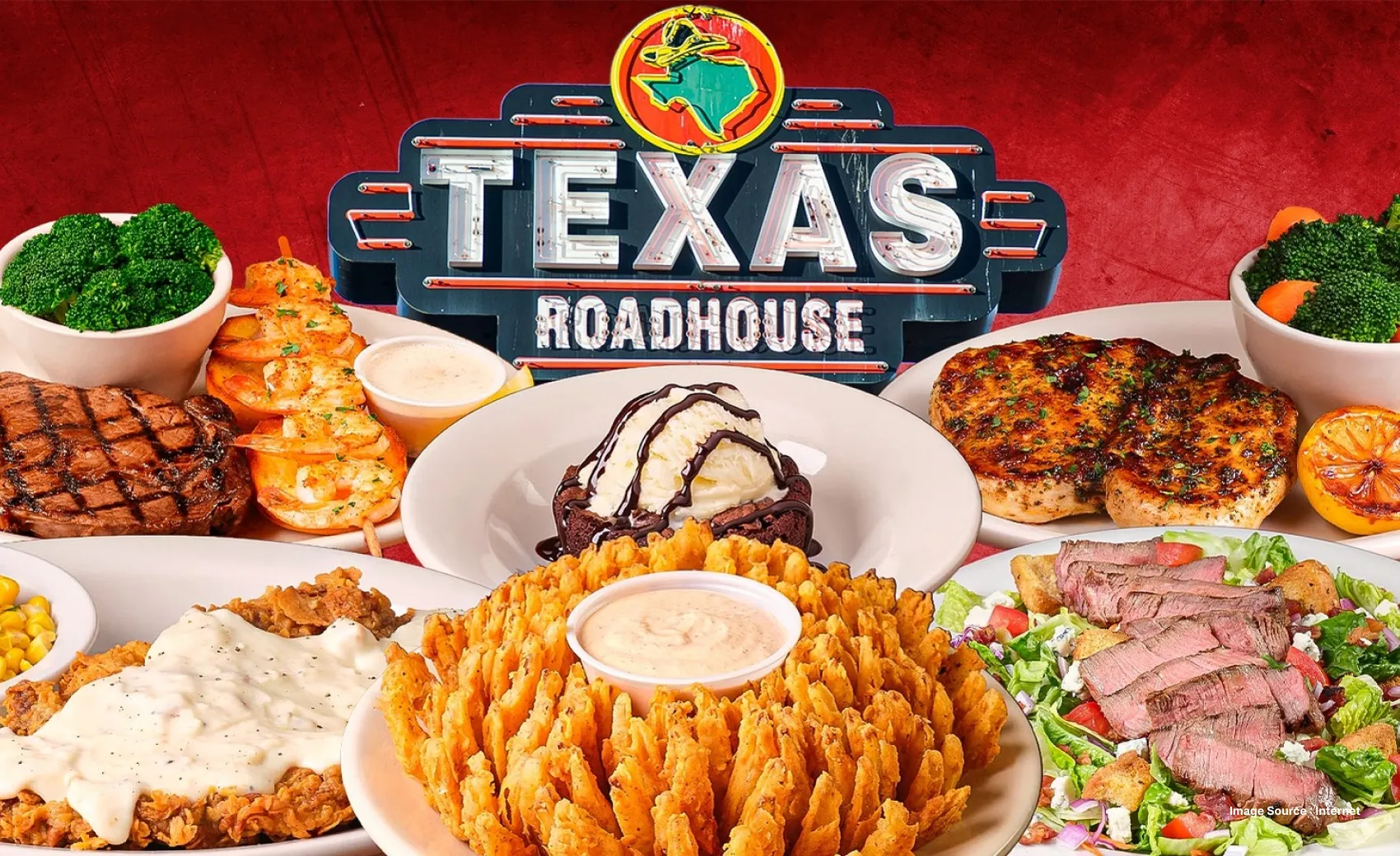 a collage of dishes served by texas roadhouse including brownie with icecream, fries, steak and more