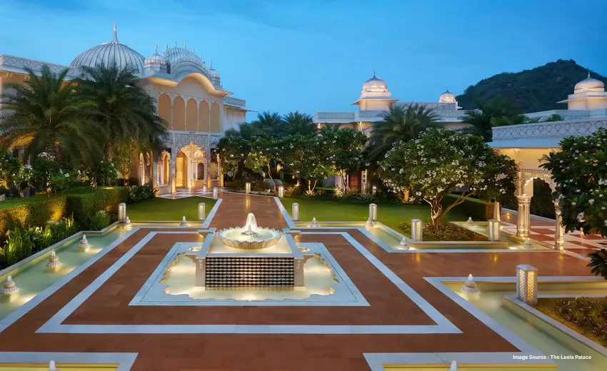 Serene palace courtyard with fountains and lush gardens