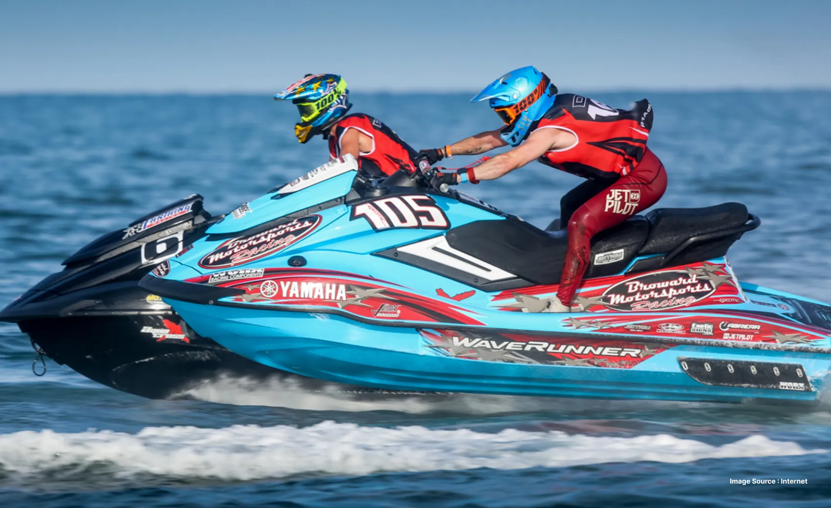 two competitors on jetskis speeding on water