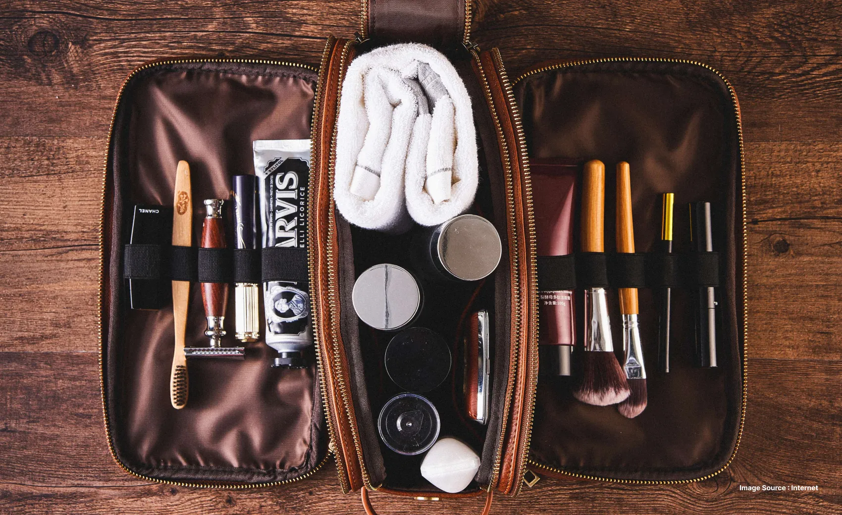 a brown bag of toiletries with toothpaste, brushes and skincare items laid out open on a wooden surface