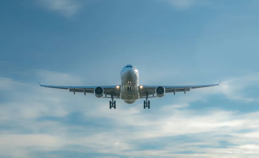 a shot of an airplane taking off in the sky during the day with its winglights on