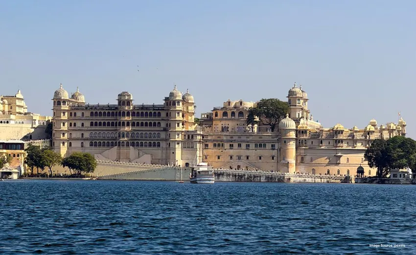 Majestic lakeside palace showcasing timeless royal architecture
