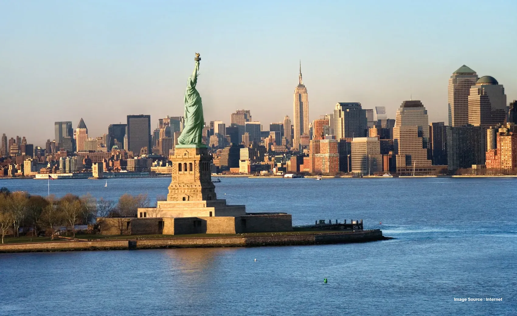 a side view of the statue of liberty in new york with a view of the water and city's skyline in distance
