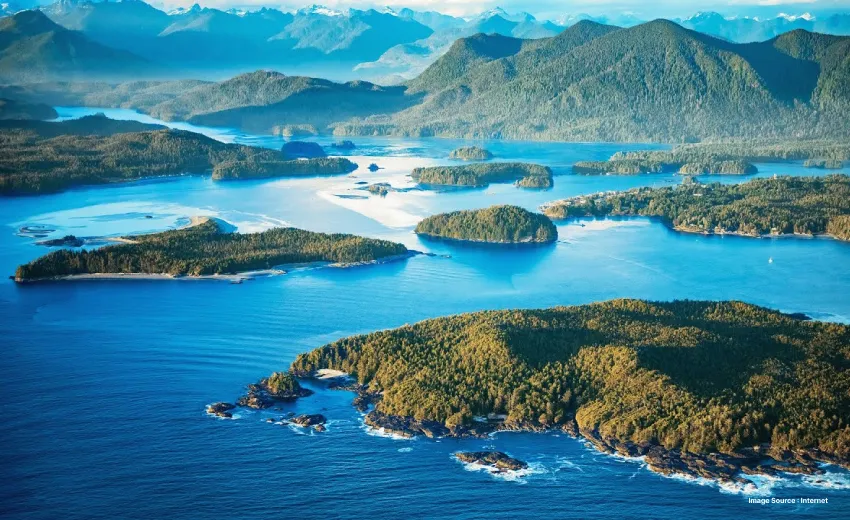 aerial shot of the beautiful vancouver island with lush green small hills