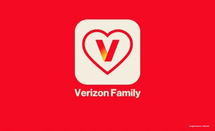 logo of verizon family with a heart and a V on red solid background