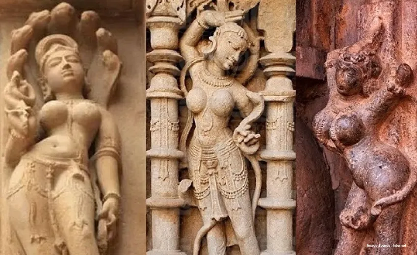 three different depictions of the vishkanyas from the ancient empire eras in carved statues on temples