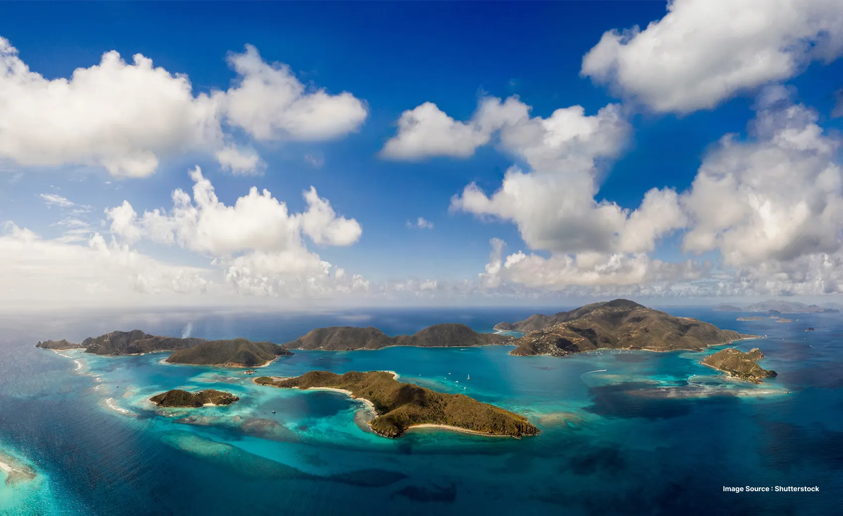 aerial shot of the chain of islands of the BVI on a sunny day