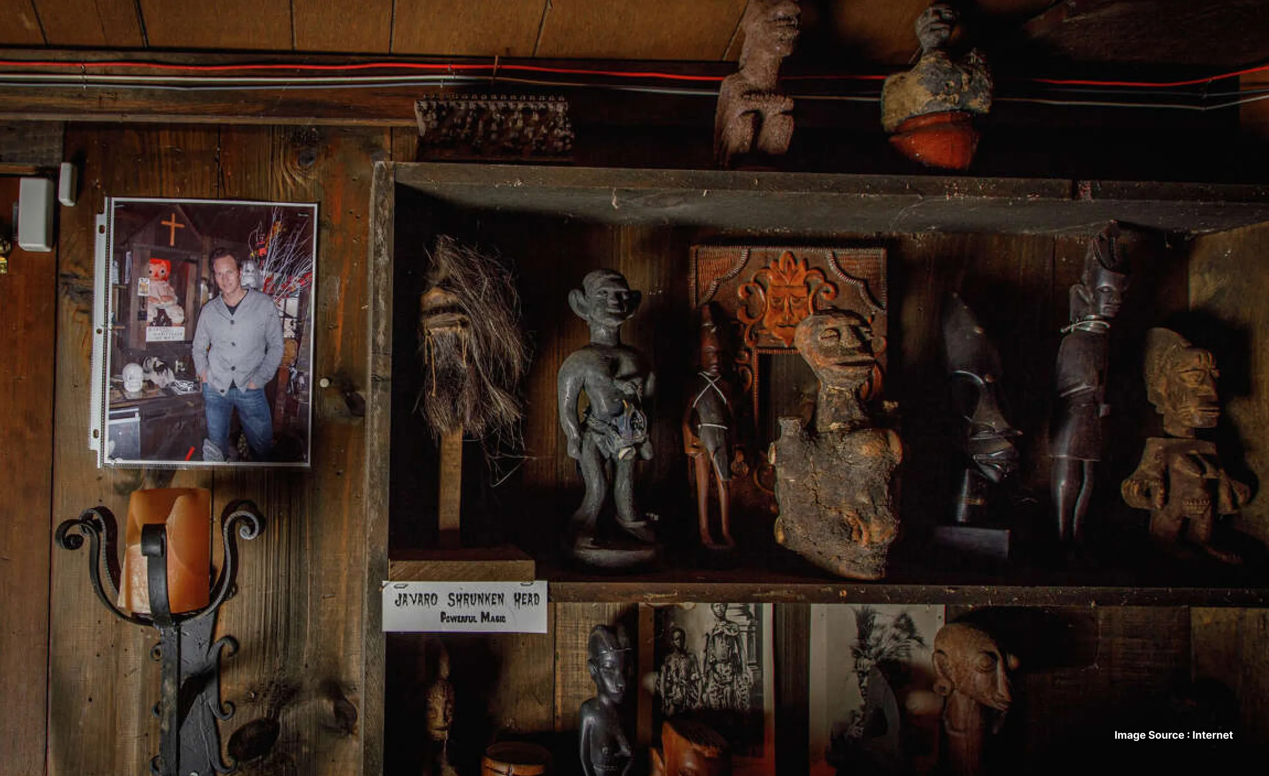 a collection of cursed sculptures and items at the ed and lorraine warren museum