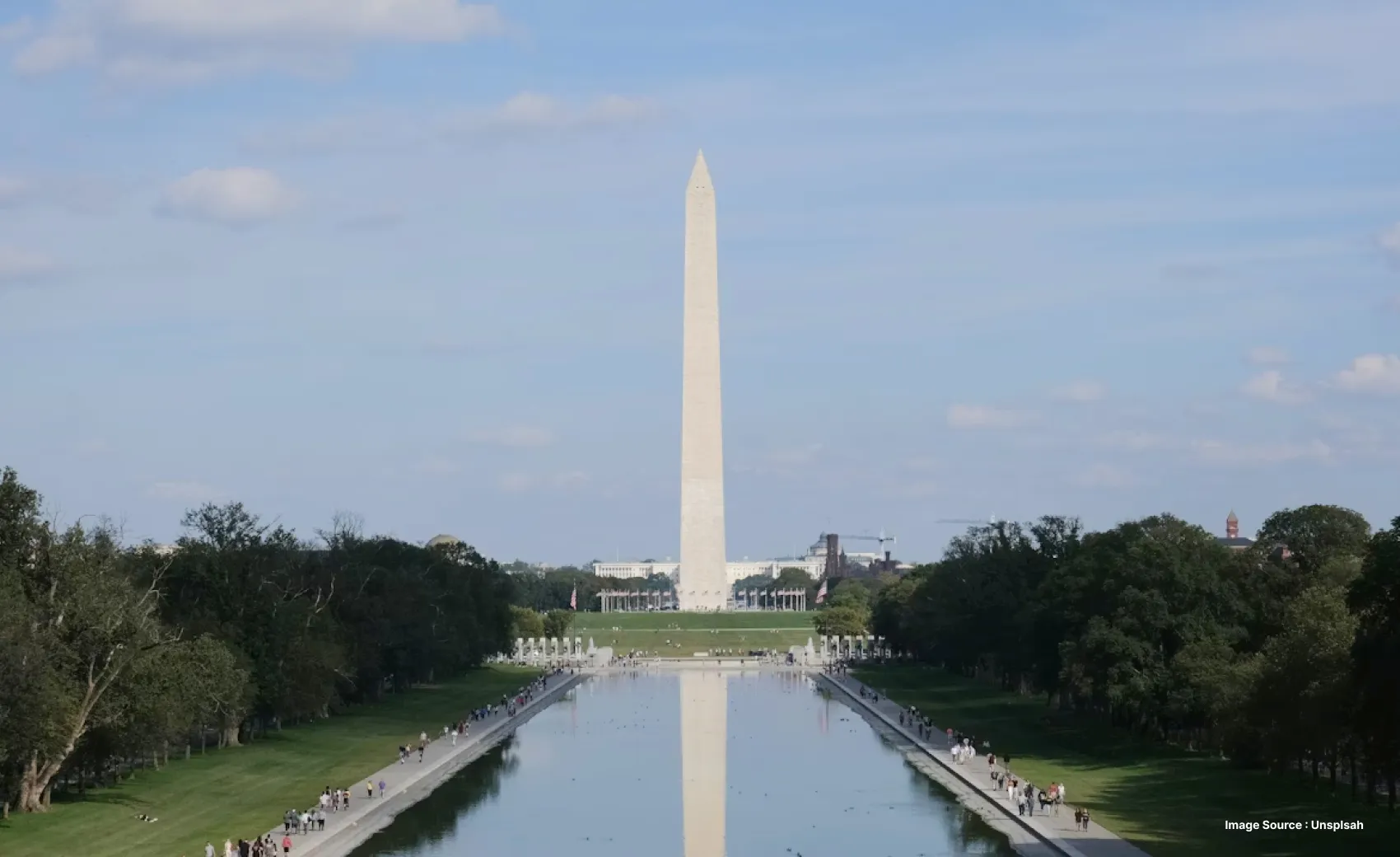 the tall washington monument structure in front of a lake as tourists walk on its either side