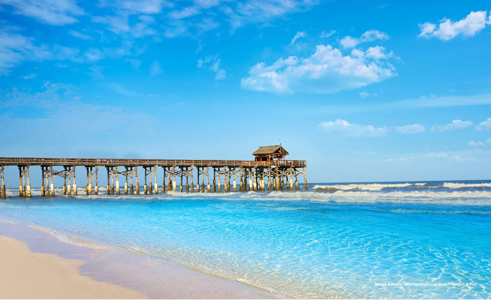 a view of the historic cocoa beach pier in florida as the clear blue waters crashes the coast