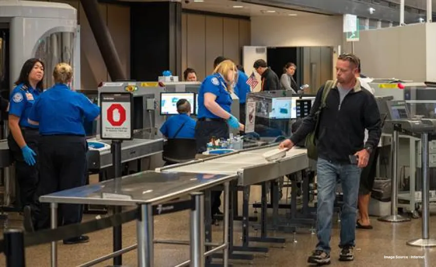 A shot of TSA security scanning with tourists coming in