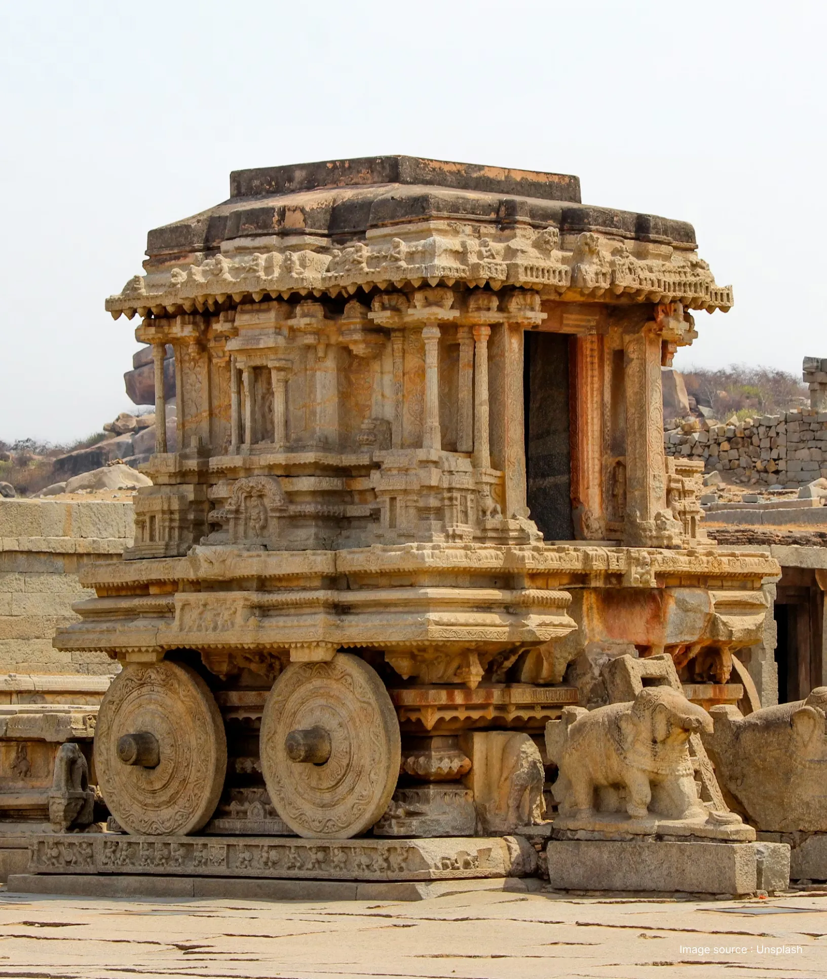 side view of the ancient charriot temple in hampi made out of sandstone