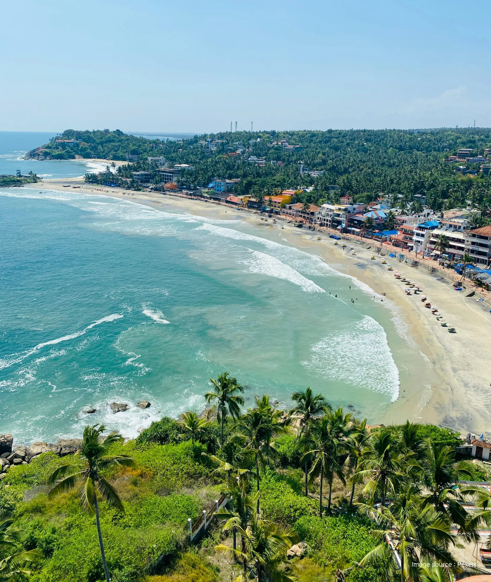 aerial view of the kovalam beach with lush green trees and clear waters