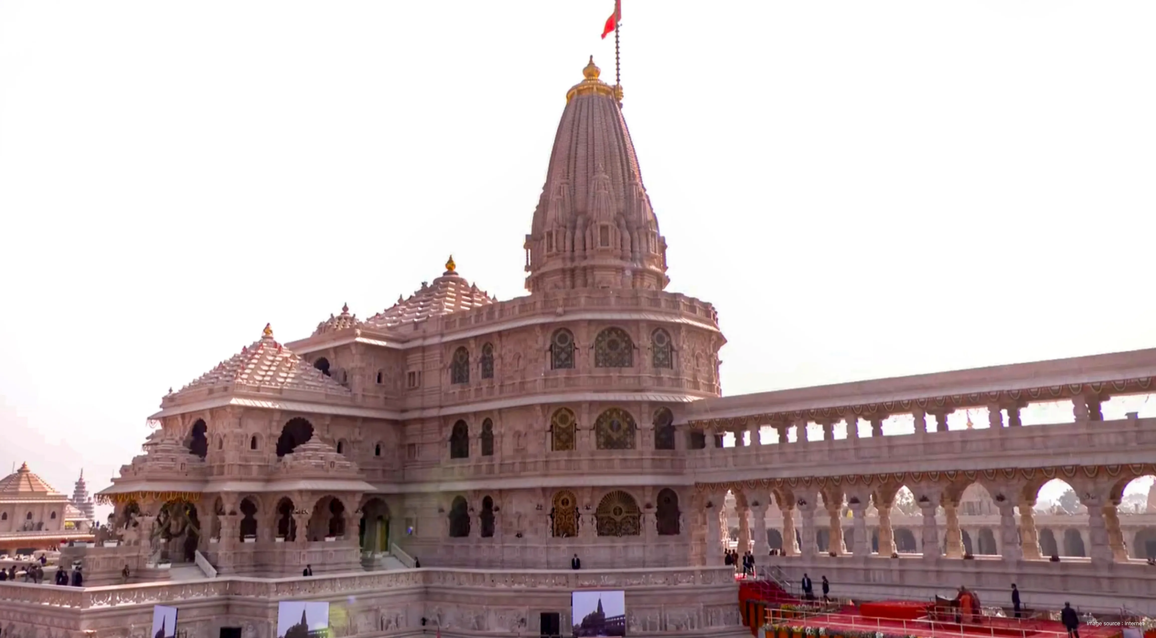 Ram Mandir in Ayodhya, grand Hindu temple dedicated to Lord Ram showcasing intricate stone carvings and traditional Nagara-style architecture