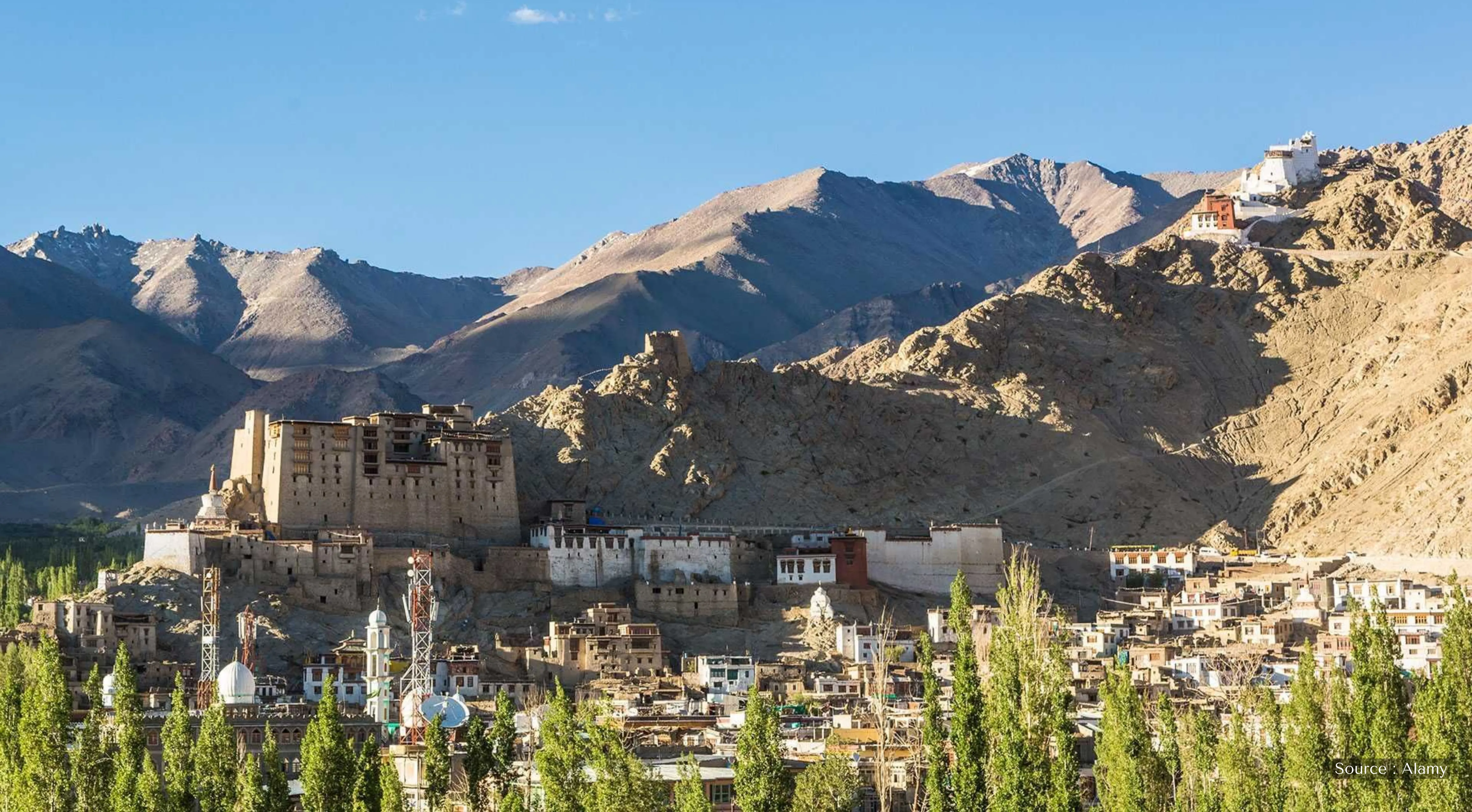 Wide panoramic view of Lamayuru Monastery perched on a hill with the unique moonland landscape of Leh Ladakh.