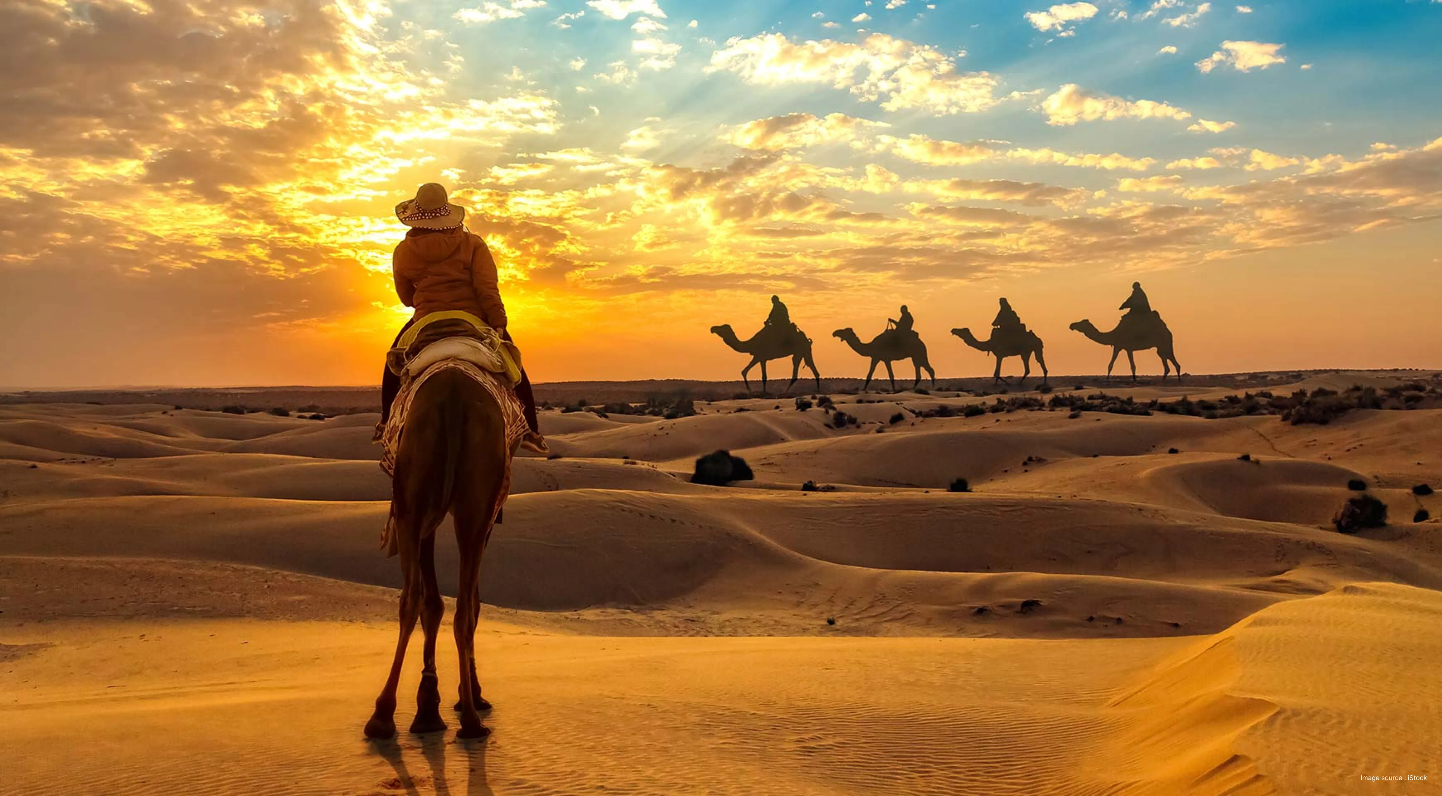 "A person on a camel overlooking a caravan of camels trekking across the Thar Desert dunes during a golden sunset in Jaisalmer."