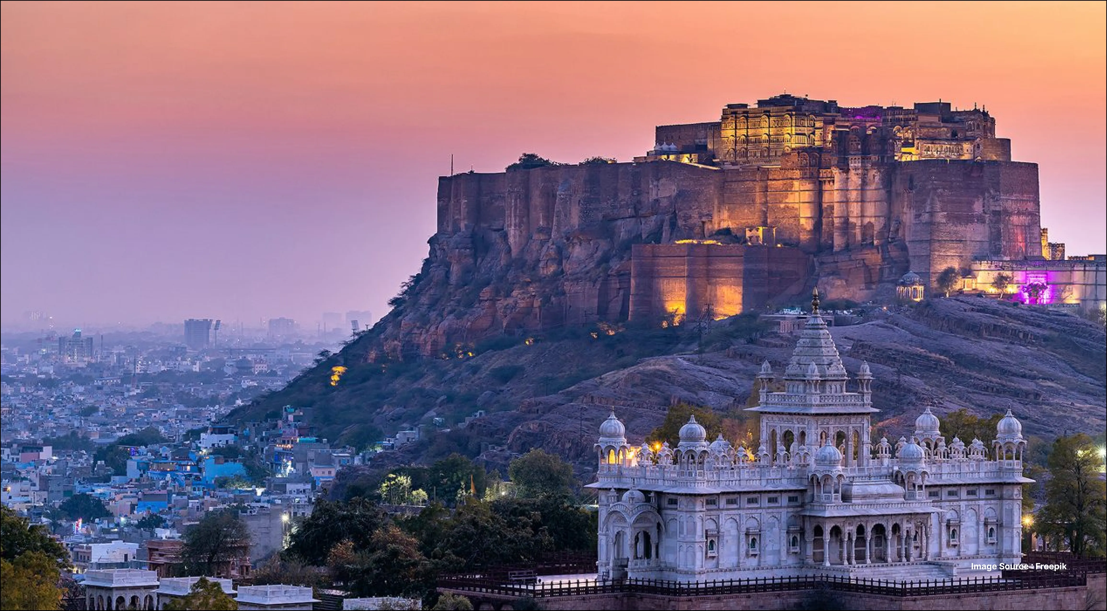 The Mehrangarh Fort and Jaswant Thada overlooking the famous Blue City of Jodhpur, Rajasthan, under a cloudy sky.