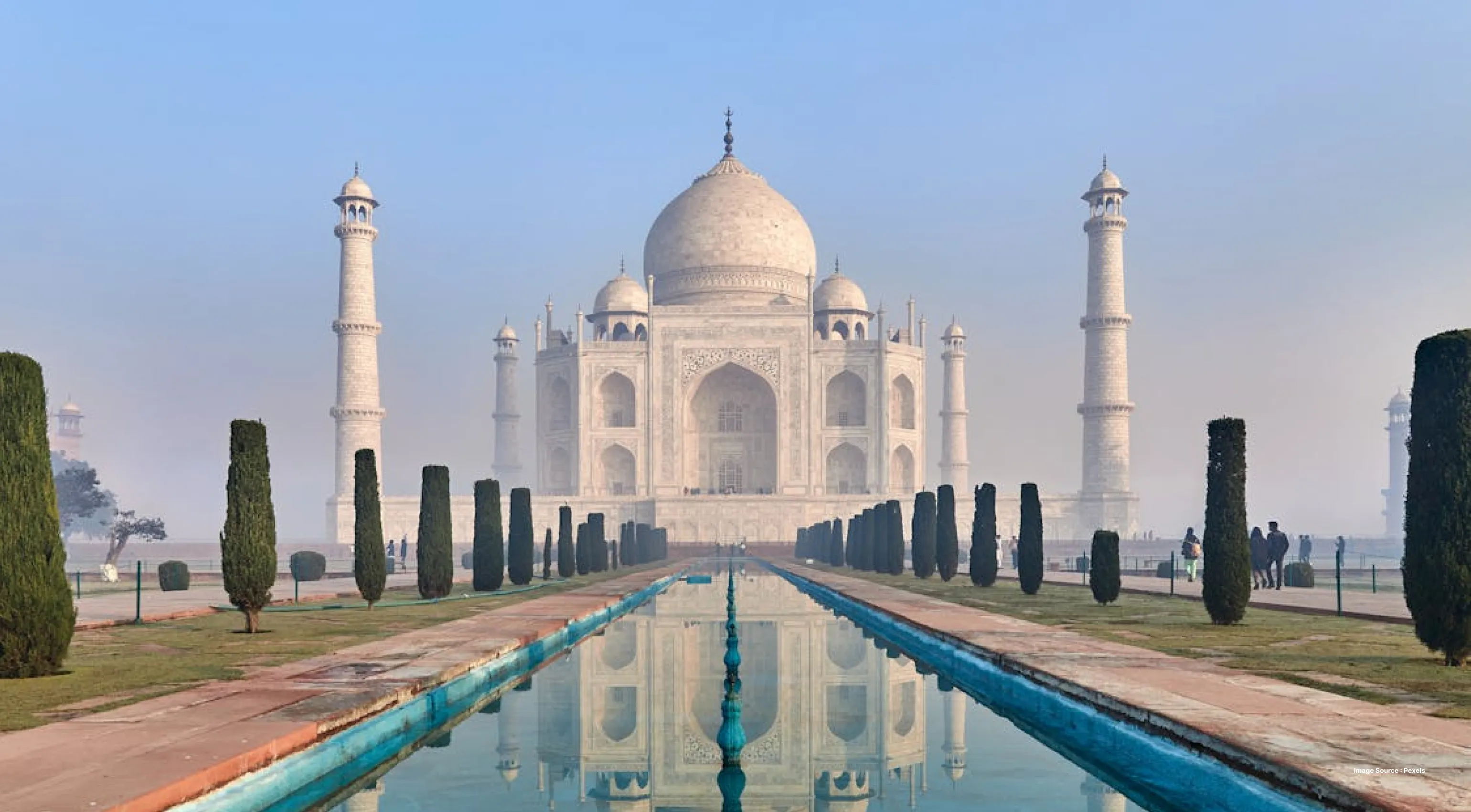 Front View of Taj Mahal on a clear day with blue sky.