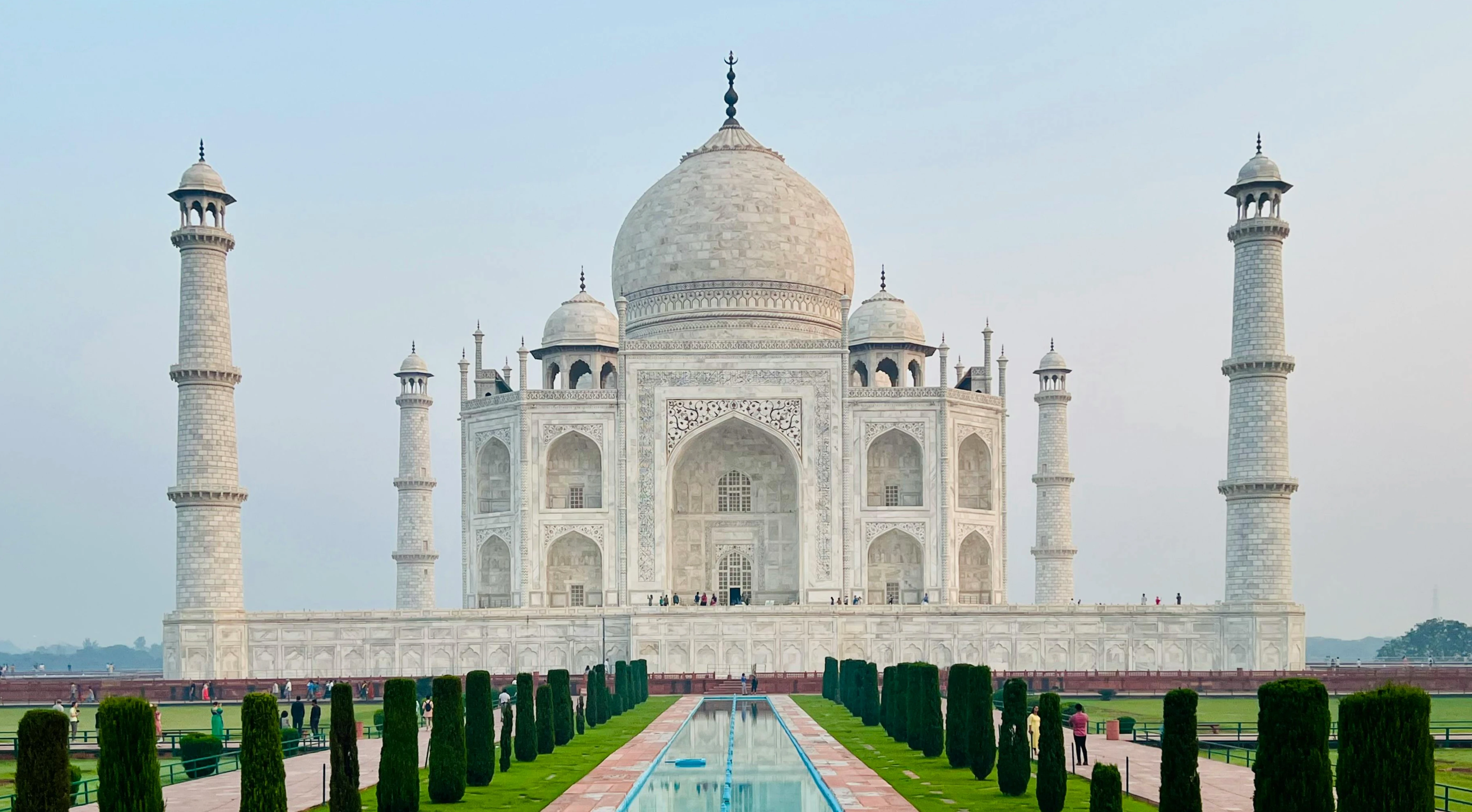 Front View of Taj Mahal on a clear day with blue sky.