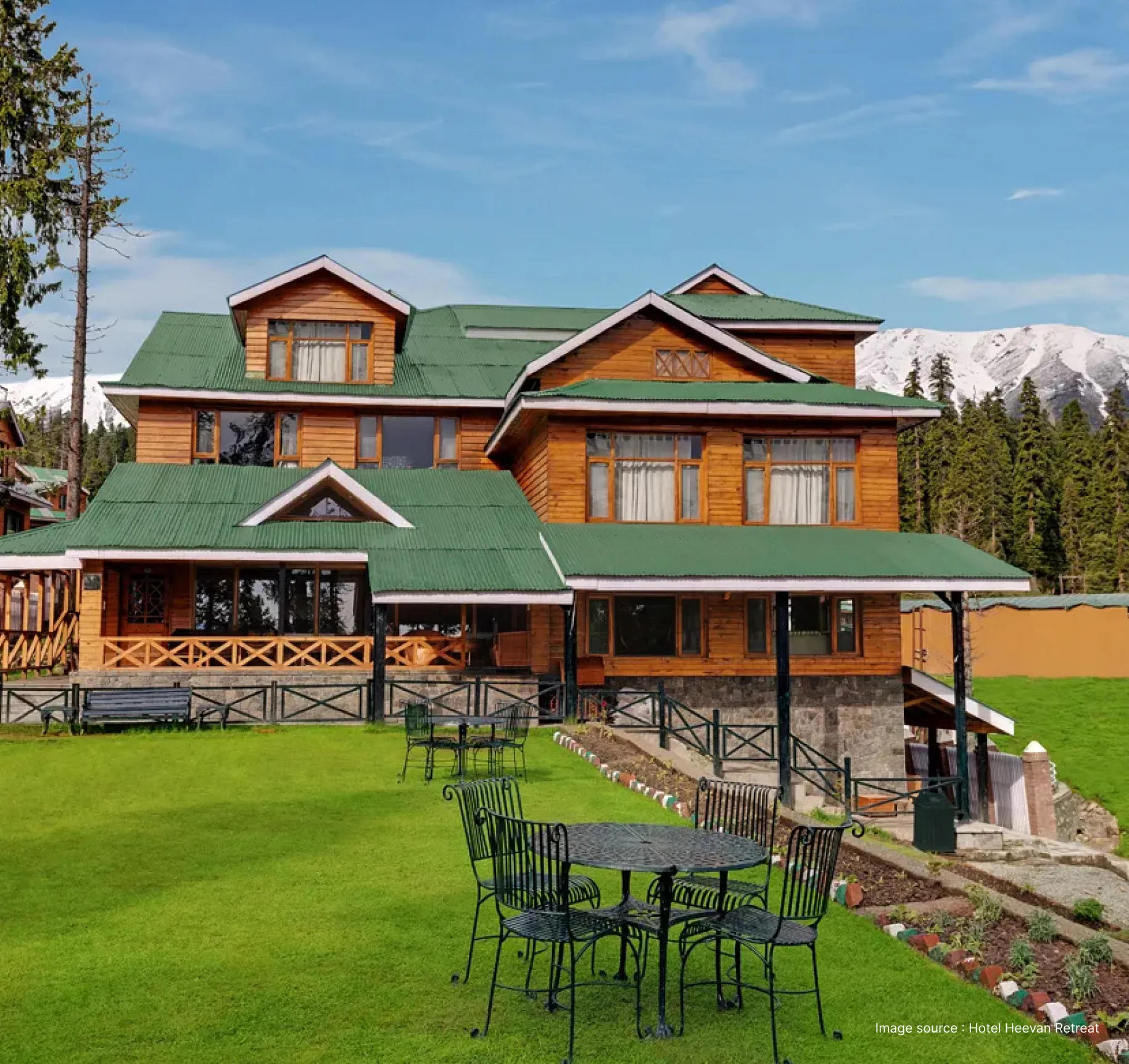traditional cottage style hotel on a green landscape with green tiled roofs
