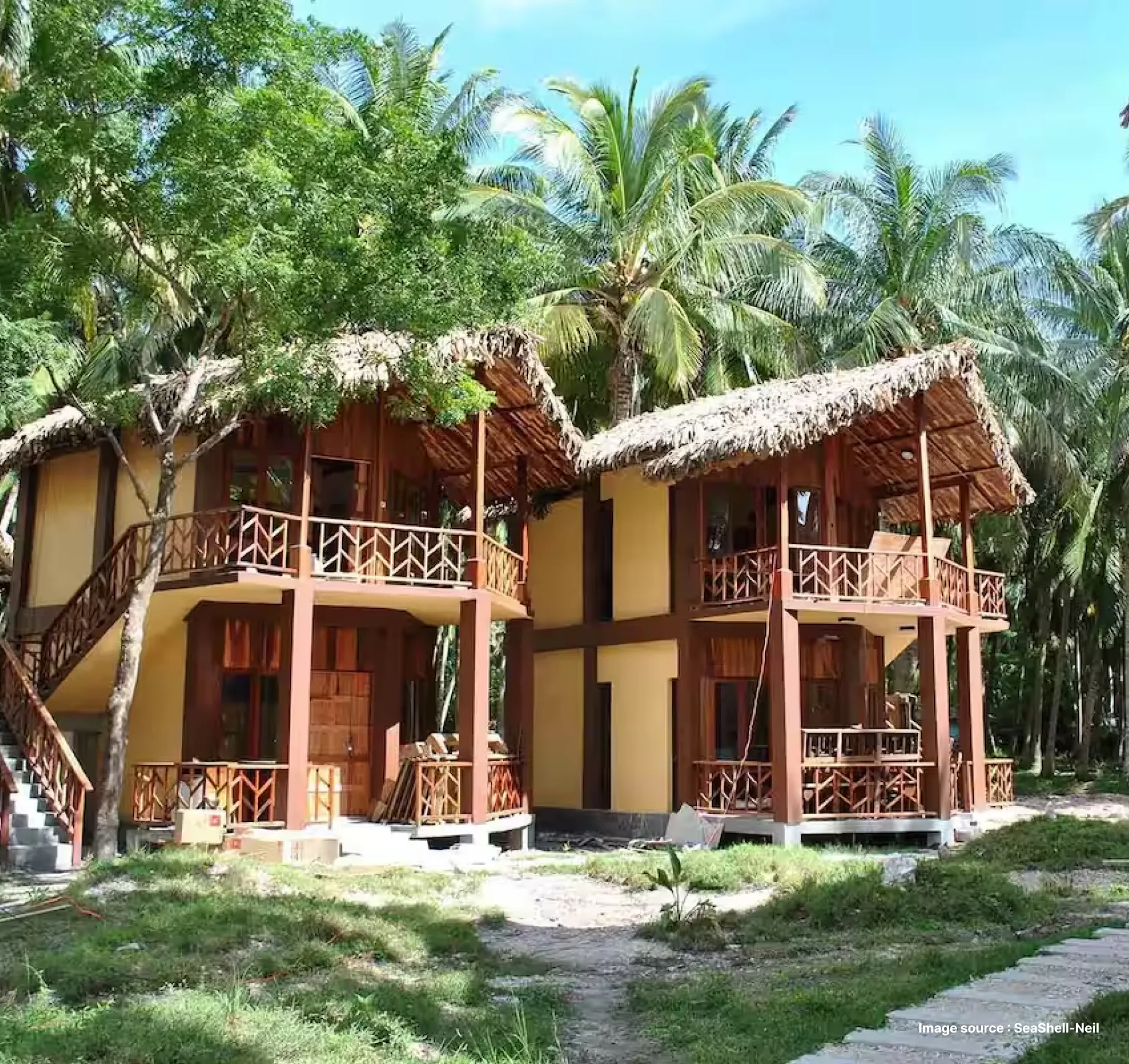 traditional wooden style cottage villa accommodations surrounded by tall palm trees