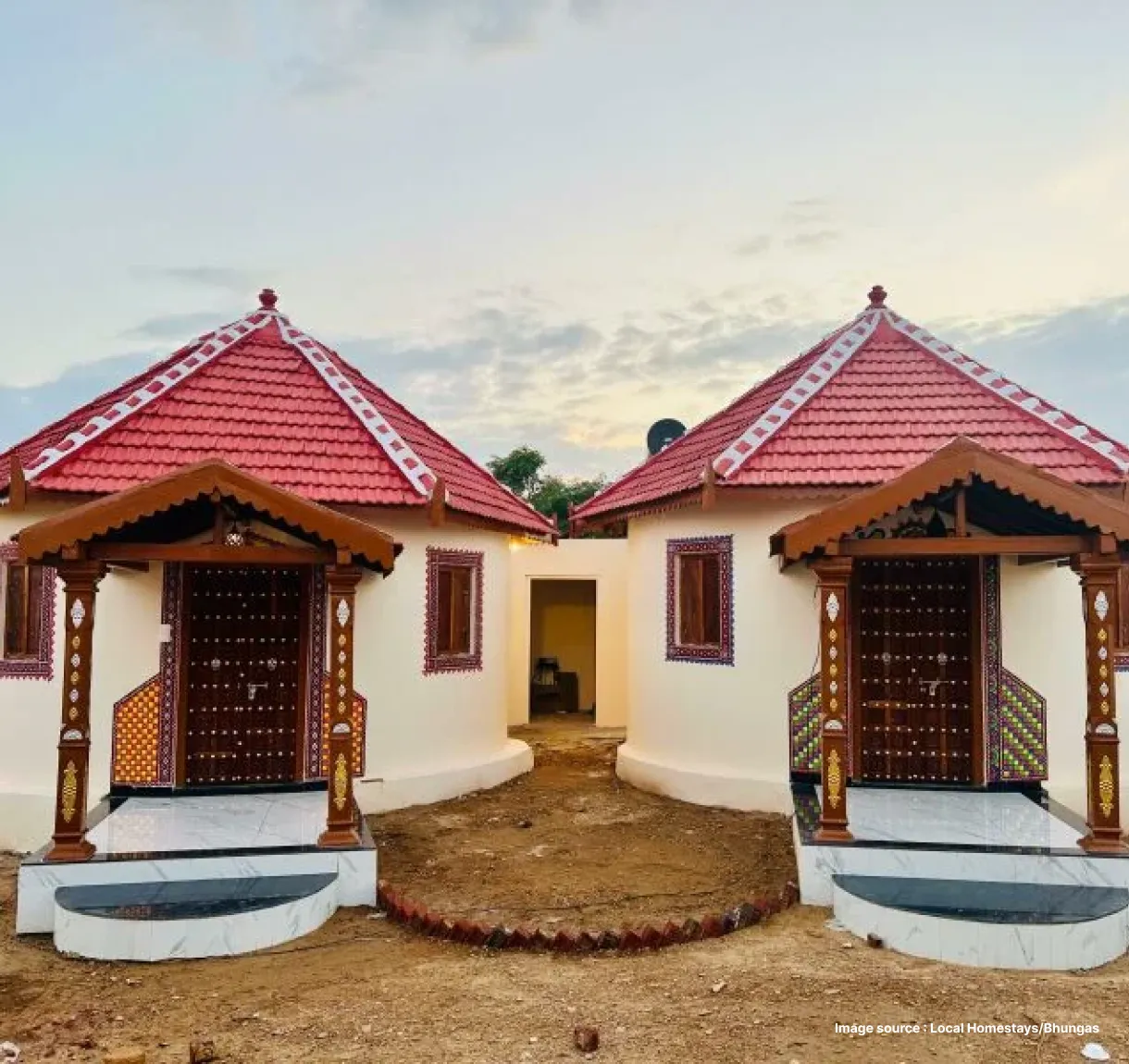 two cottage style red tiled roofed stays in rann of kutch