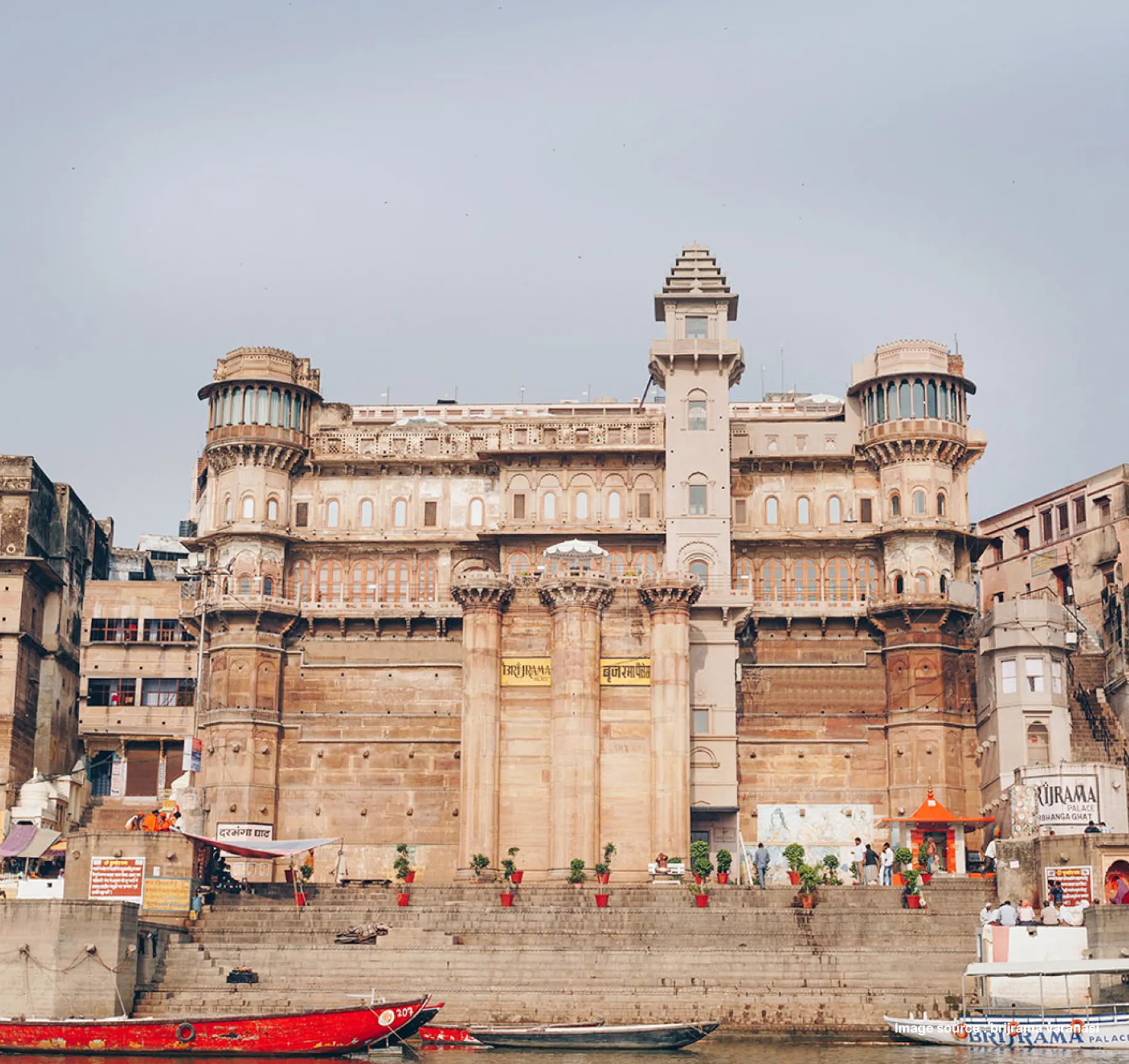 side view of the brijrama palace in varanasi by the riverbank