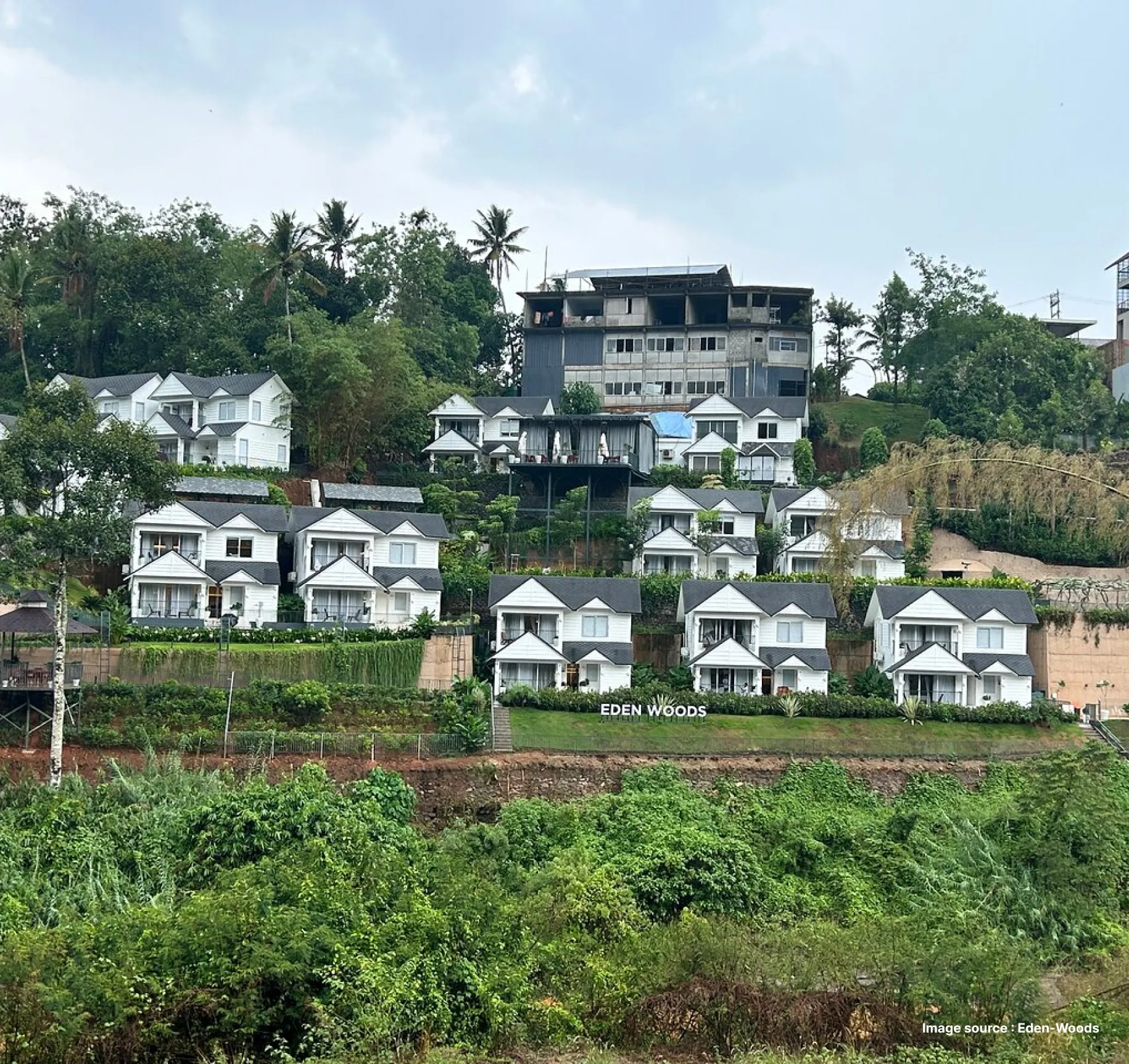 villas of the eden woods resort in munnar on a hillside surrounded by tea plantations