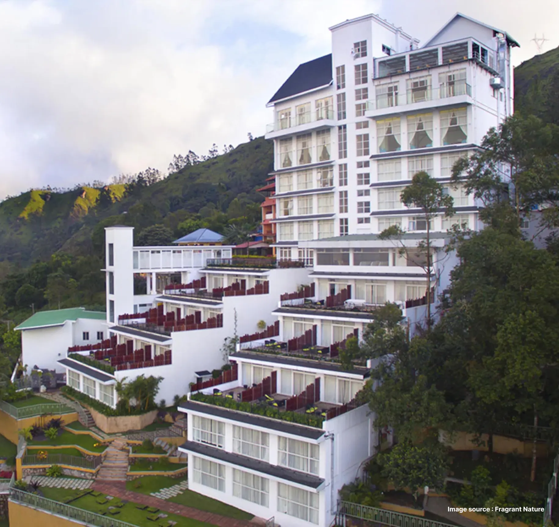 storied building hotel in munnar on a hill slope flanked by lush greenery