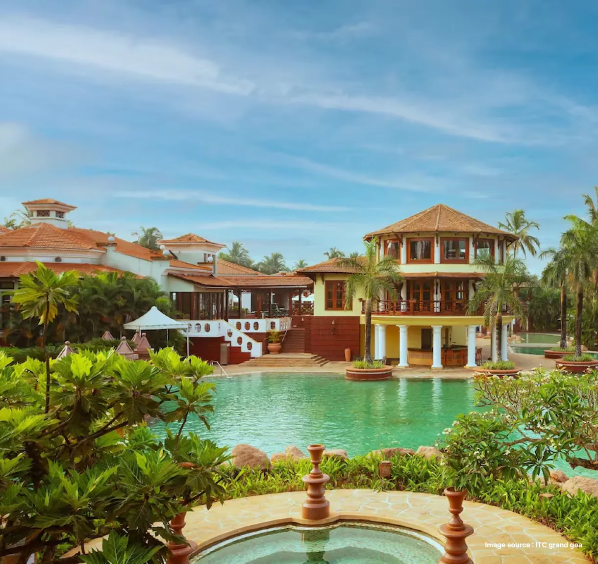 poolside view of ITC grand goa hotel with plants and red tiled roofs